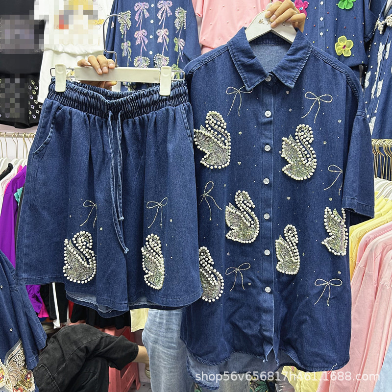 European and American Heavy Industry Beaded Diamond Swan Pattern Denim Shirt Top + Elastic Waist Wide Leg Shorts Two-Piece Set for Women