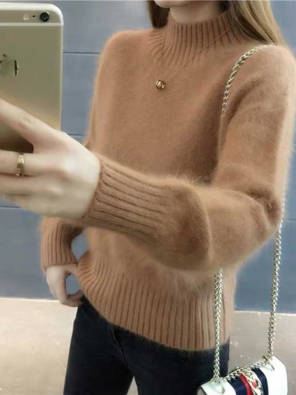 This year's popular women's sweater 2024 autumn and winter New Popular half turtleneck thickened faux mink velvet bottoming shirt