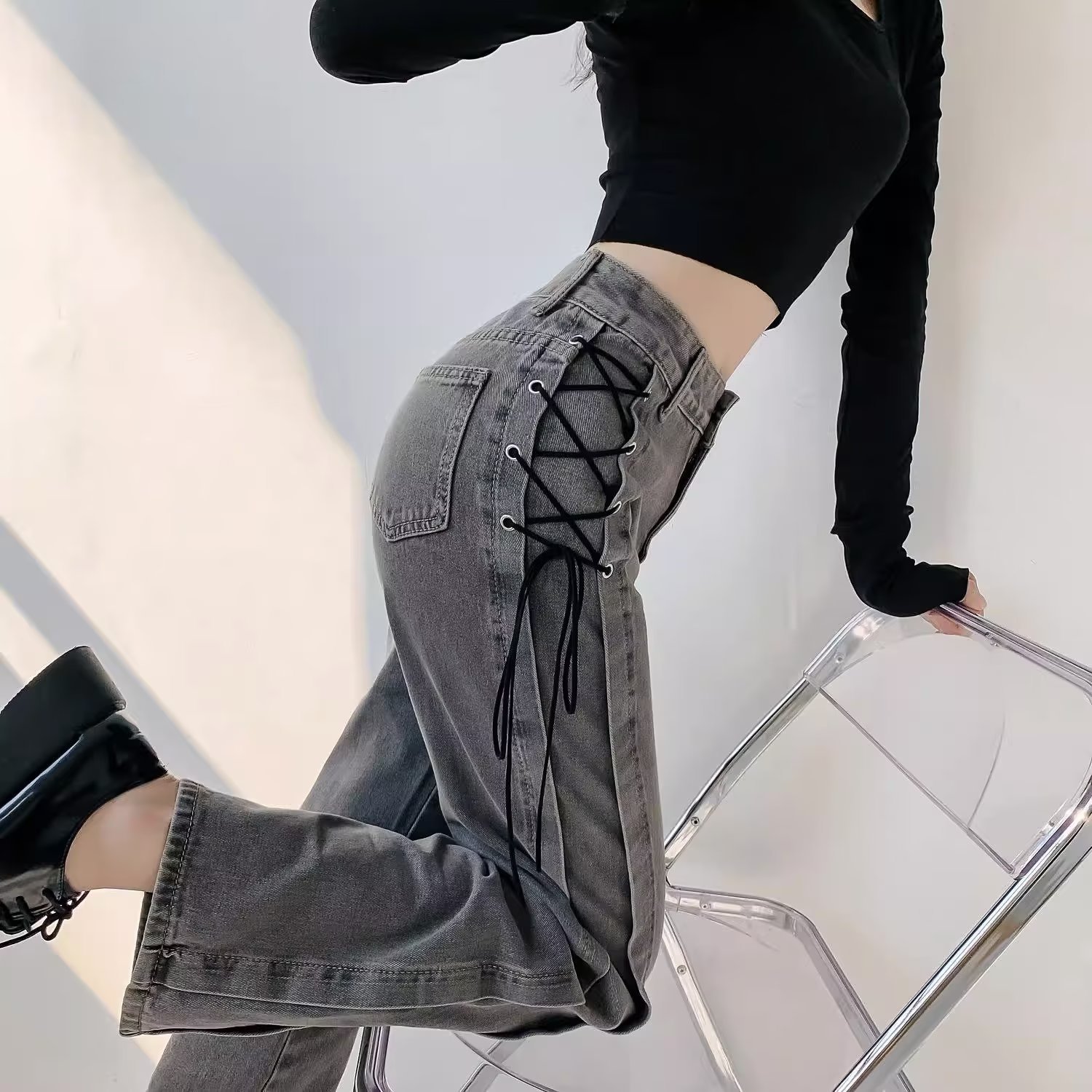 2024 Design Hot Girl Strap High Waist Jeans Women's Summer New Straight Loose All-match Slimming Wide Leg Pants