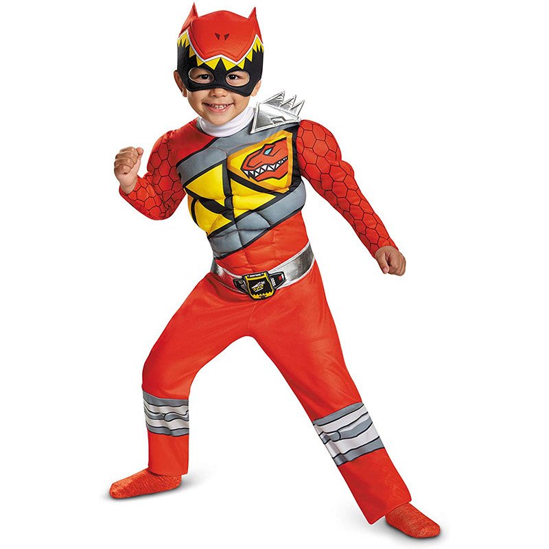 Dinosaur Team Strong Dragon Red Children Superhero Cosplay Halloween Game Party Costume Muscle Costume