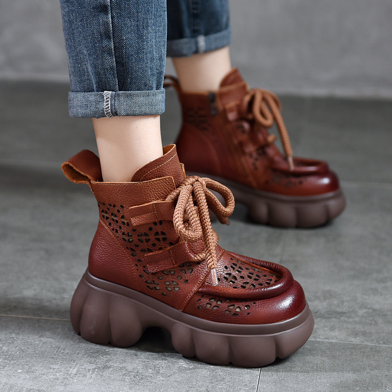 [Event Price 158] Thick-Soled Sandals Hole Hollow Sandals Sandals Genuine Leather Roman Shoes High Heels