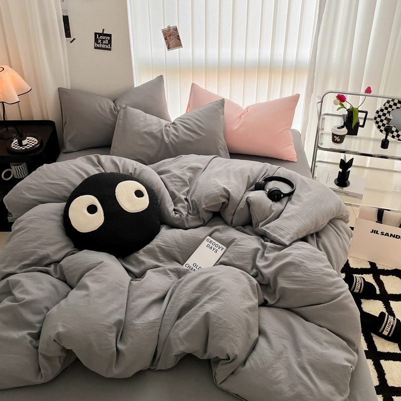 Picture of Four-piece bed set A can sleep naked wash cotton quilt cover solid color bed sheets student dormitory three-piece bed hat wholesale 4