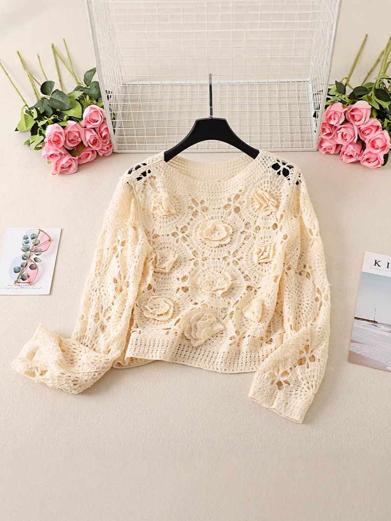 French Crochet Hollow Knitted Sweater Women's Autumn and Winter New Arrival plus size chubby girl Ankola Red Three-Dimensional Flower Top