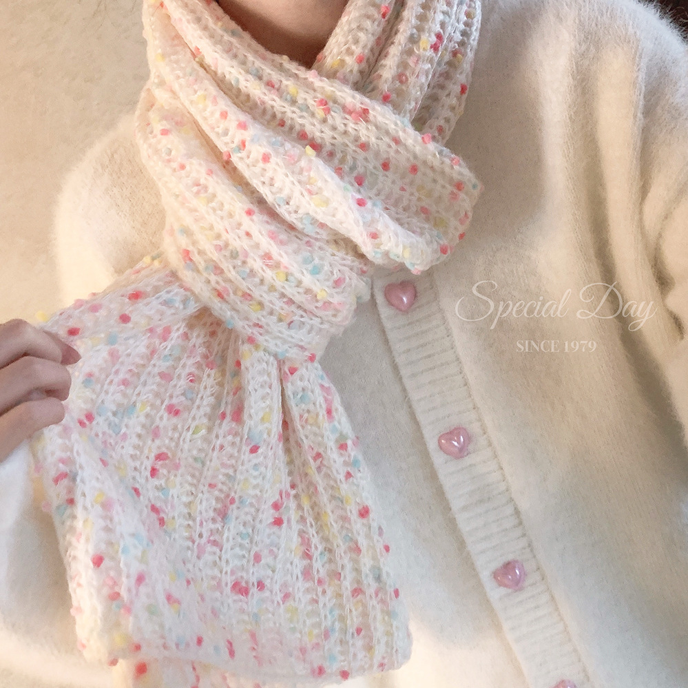 Picture of Imitation mink velvet sugar bean color wave dots warm autumn and winter light fluffy wool knitted white small scarf K