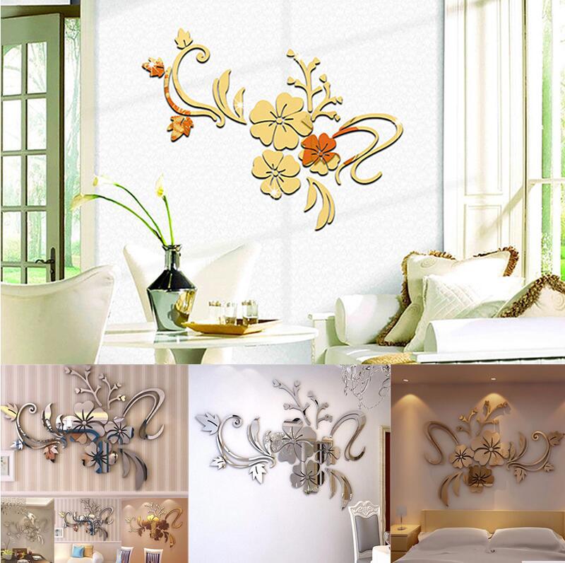 Picture of DIY hibiscus flower 3d acrylic rattan mirror wall stickers living room sofa TV wall can be a generation of hair