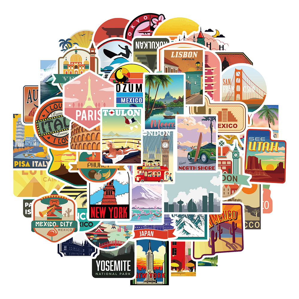 Picture of 50 pieces city travel landscape stickers luggage skateboard luggage laptop phone case body stickers waterproof