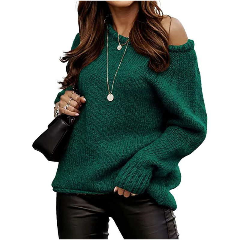 Picture of Cross-Border Amazon Autumn and Winter Off-Shoulder Sexy Round Neck Pullover Sweater Solid Color Casual Loose Large Size Sweater for Women