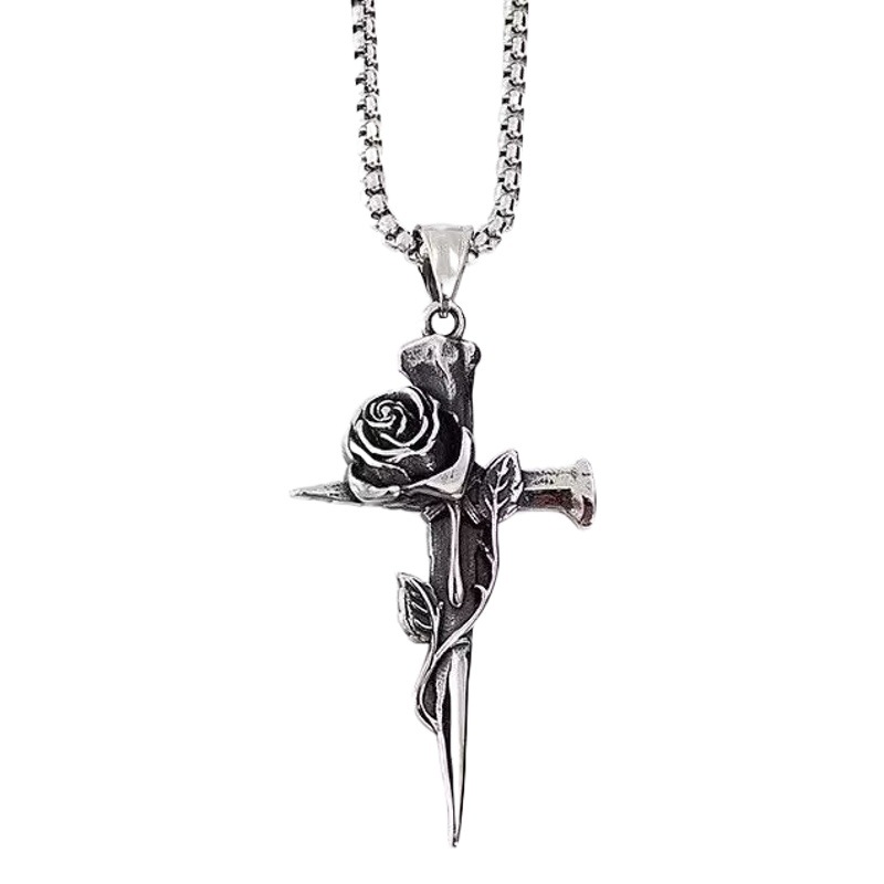 Hong Kong Style Ins Punk Retro Rose Cross Nail Necklace Men and Women Accessible Luxury Niche Stylish Sweater Chain Accessories