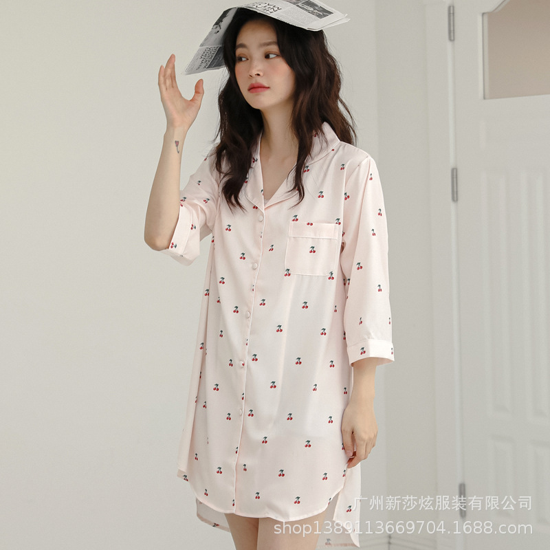 Customized Cross-Border Ice and Snow Silk Boyfriend Style Shirt Dress Home Wear Nightgown Silky Thin Ice Silk Pajamas Cherry Print