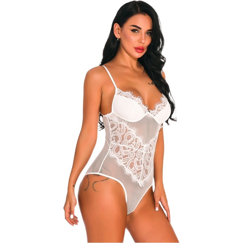 Broken Code Clear European and American Women's Lace Stitching Waist Hidden Buckle Free Deep V Low-cut Sexy Lingerie All-in-one Dress