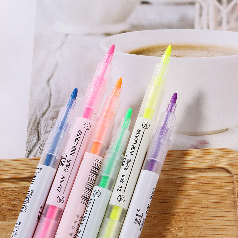 Picture of Color double-head highlighter 6-color Student color pen key marking pen oblique head highlighter watercolor pen