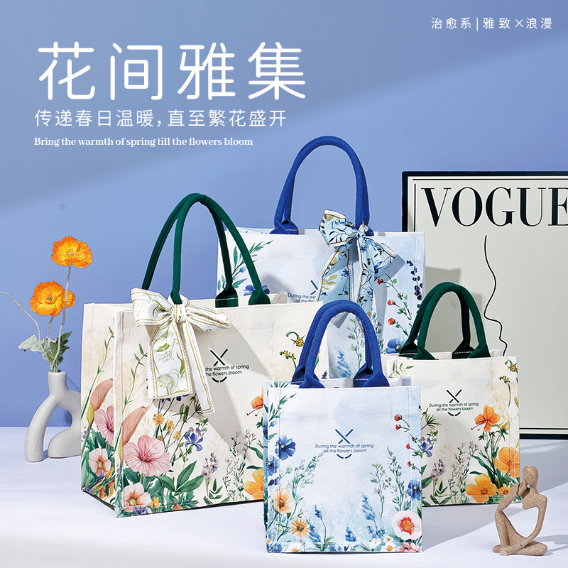 2025 Opening Gift Canvas Bag Flower Canvas Bag Large Capacity Lightweight Tote Bag with Silk Scarf Canvas Tote Bag