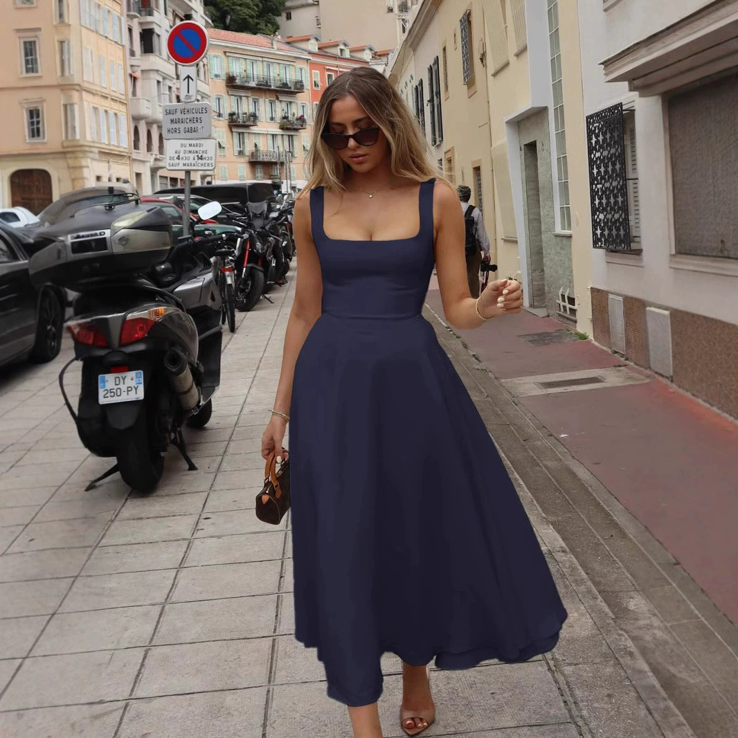 Picture of Foreign Trade Amazon 2025 Summer New European and American Women's Elegant Square Collar Sleeveless Waist Sling dress Women