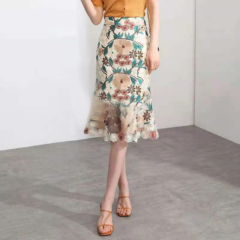 Picture of Lapel Beaded Three-point Sleeve Heavy Industry Mesh Embroidery A- word Loose Plus Size Retro Dress One-step Skirt