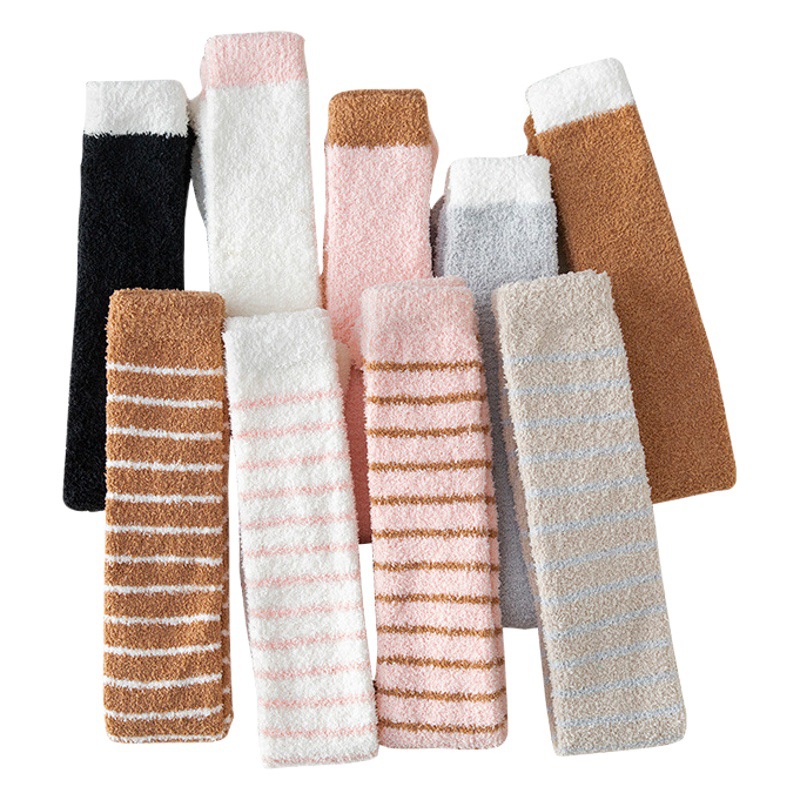Winter Socks Women's Long Knee-length Coral Fleece Women's Socks Striped Ins Style Thickened fleece-lined High-length Home Floor Socks