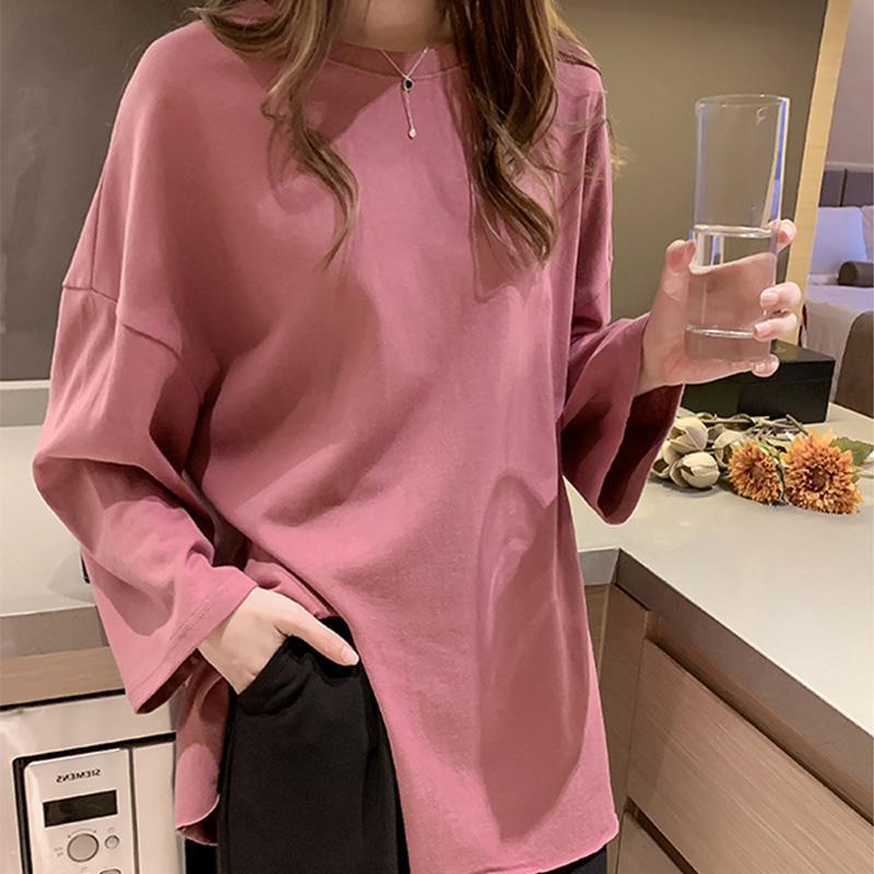 2022 Spring and Autumn New Long-sleeved T-shirt Women's Solid Color Mid-length Loose All-match Split Base Shirt Top ins Trendy