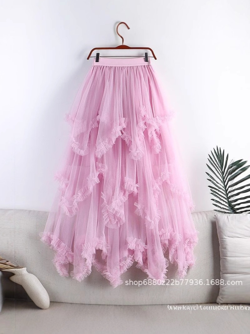 2025 New High-Waisted Mid-Length A-Line Fluffy Fairy Cake Skirt