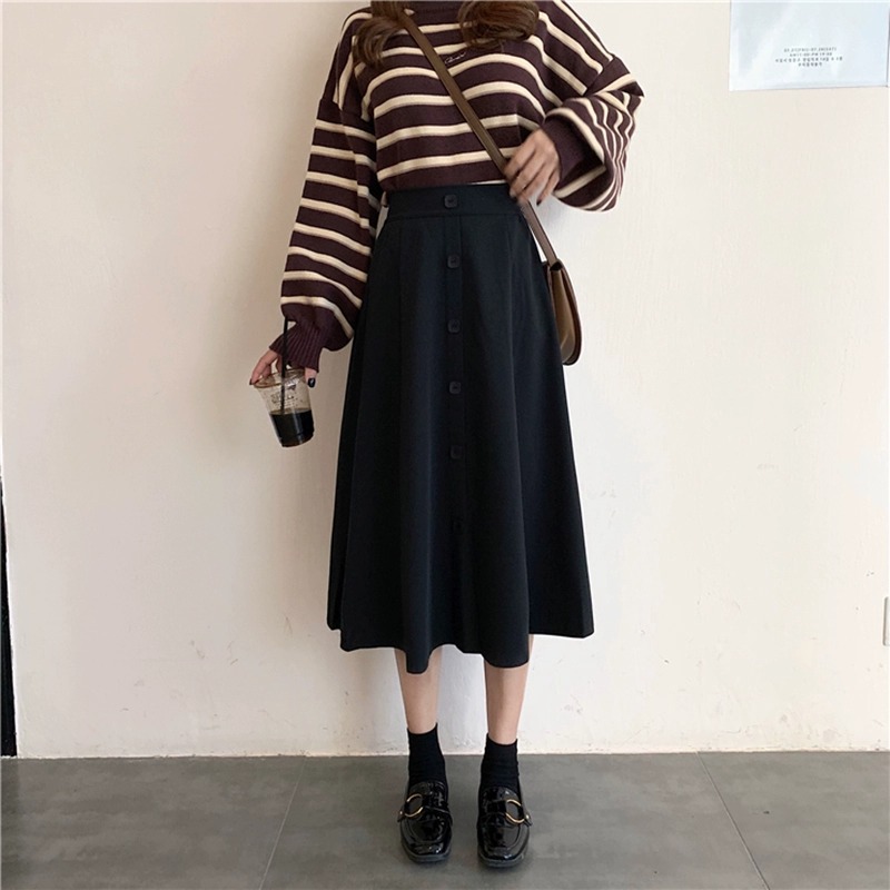 Black Skirt Buckle Women's New Arrival 2024 High Waist All-Match Mid-Length Skirt Color Front Slimming Short Skirt A- Line Skirt for Autumn and Winter