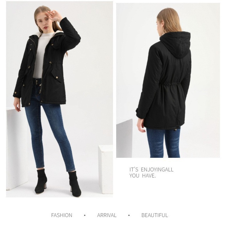 Russian Winter Hooded Coat Russian Winter High-End Pure Color Women's Cotton Coat Hooded Parka Coat