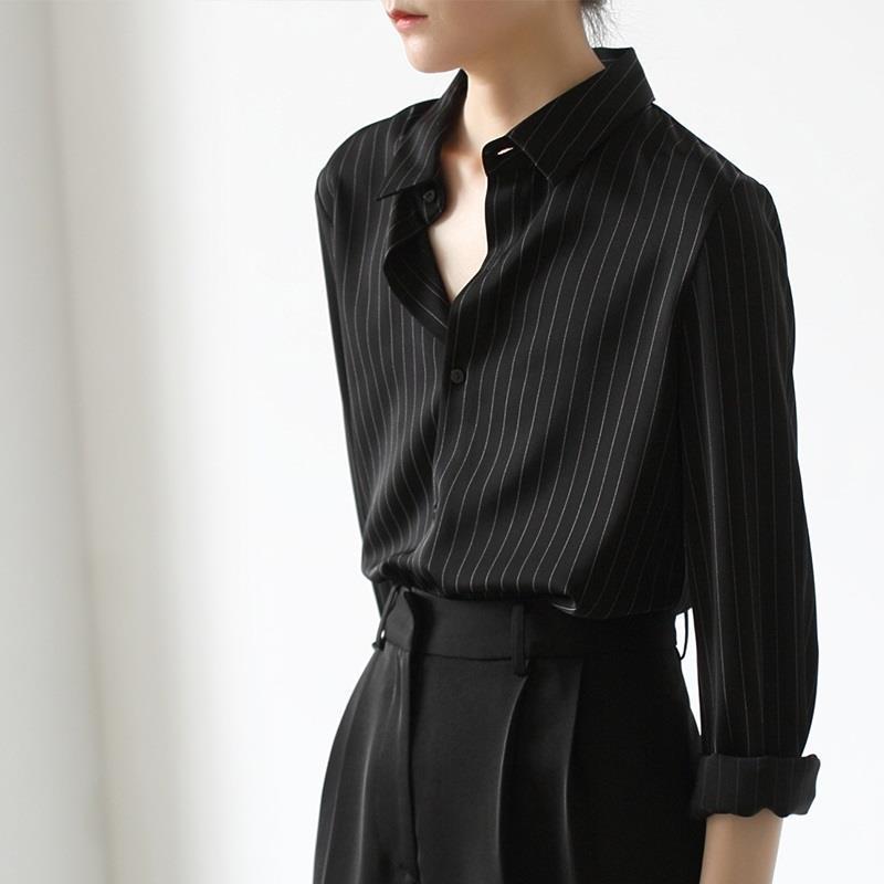 Picture of Chic black shirt women's new early autumn top design sense niche drape French vertical striped shirt Women's