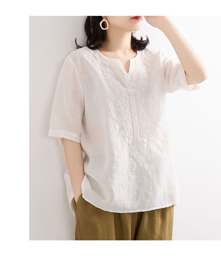 Picture of Cotton V-Neck Linen Shirt for Women, Loose Pullover Embroidered Short-Sleeve T-Shirt, Vintage Versatile Top
