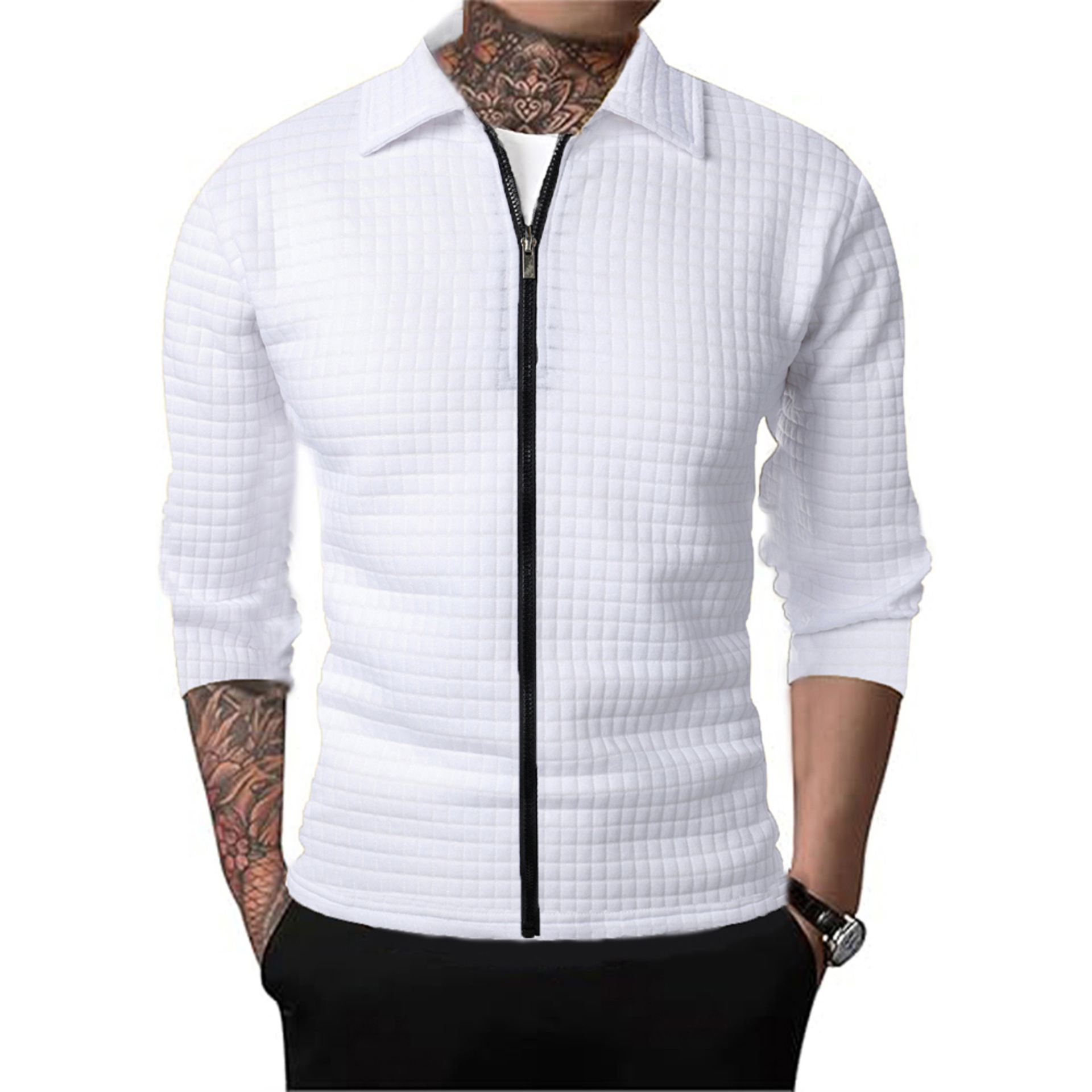Plaid Jacket Cardigan Men's Autumn New Zipper Jacket Casual Men's Long Sleeve Lapel Waffled Top