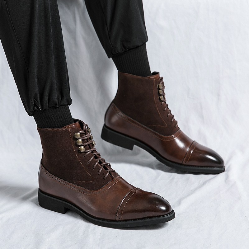 Cross-border plus size Spring and Autumn Lace-up Leather Boots Fashion Men's Casual Shoes Retro Knight High-top Chelsea Boots Men's Boots