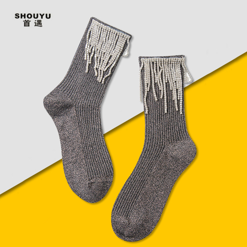 Shake Tone Same Style Tassel Diamond Socks Long Barrel Stacks Rhinestone Socks Tassel Socks Full Diamond Socks Internet Celebrity Crystal Socks