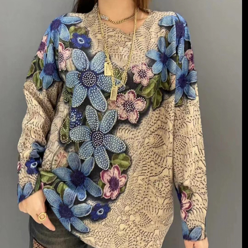 European-made Mink Wool Hooded Sweater Women's Plus-sized Heavy-duty Hot-drilling Printed Knitwear Loose Magnolia Top