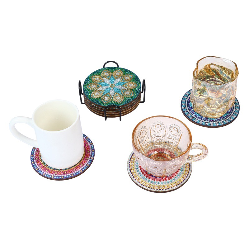 Amazon Best Selling 5D Handmade DIY Wooden Dot Diamond Insulated Anti-Slip Diamond Painting Mandala Coaster with Stand