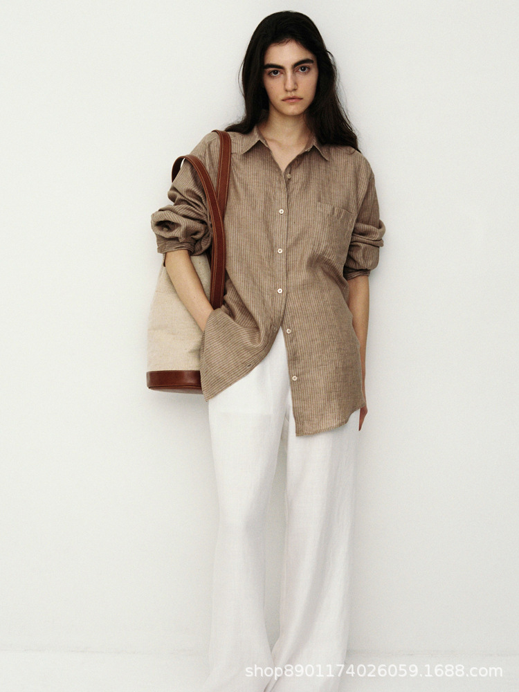 Spot Summer New Style Farven Fashion Versatile Loose Slim Lapel Contrast Stripesd Shirt Tops for Women