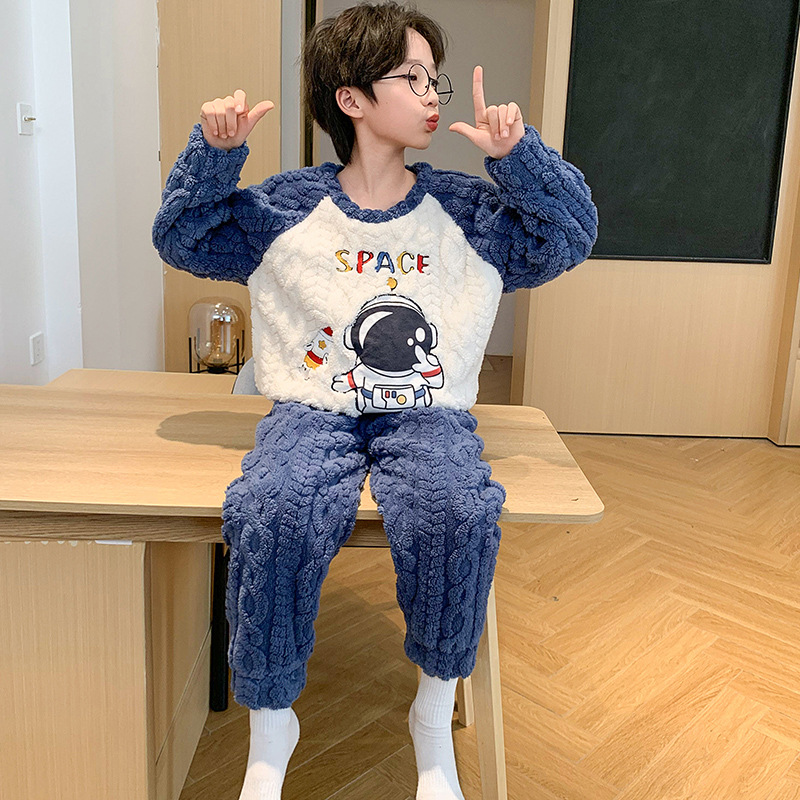 Picture of Children's Pajamas Men's Flannel Winter fleece-lined Thickened Coral Fleece Boys' Cartoon Astronaut Big Children's Home Clothes Set