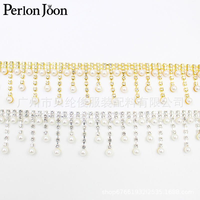 Hot selling pearl long and short tassel crystal chain wedding dress clothing accessories DIY decoration welding metal chain wholesale