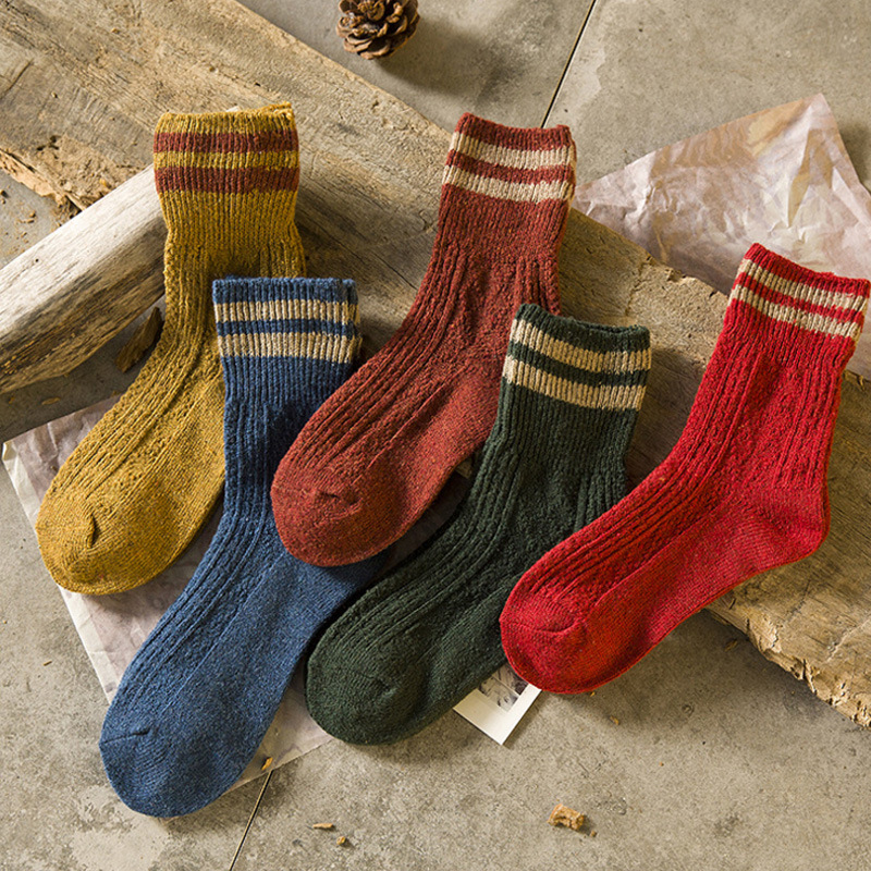 Autumn and Winter Women's Two-Bar Rabbit Wool Socks Wholesale Thickened Warm Stripesd Stripesd Wool Women's Socks to Protect Against Cold and Versatile