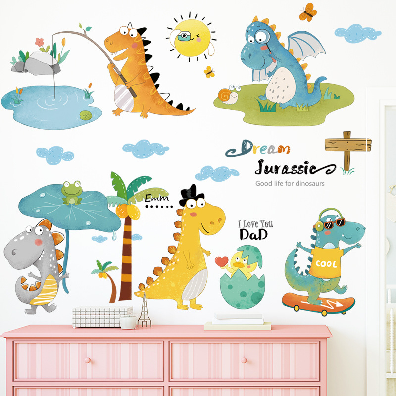 Wall stickers cartoon cute dinosaur skateboard kindergarten early education scene animal wall decorative stickers ZDB-2250