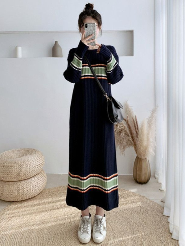 Thickened warm sweater long skirt women's autumn and winter lazy loose crew neck striped over the knee slimming bottom knit dress