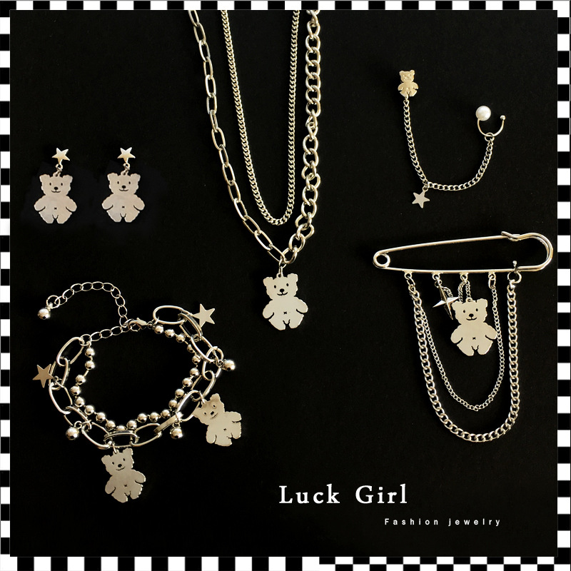 Original Design Japanese and Korean Hip Hop Metal Bracelet Bear Earrings Necklace Jewelry Fashion Personality Trendy Jewelry Set