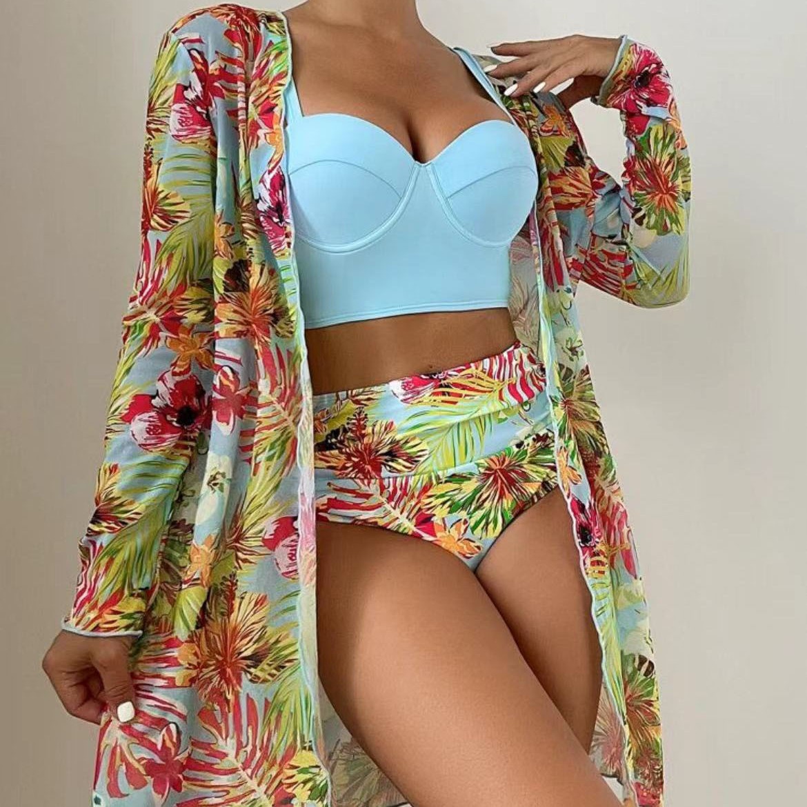 Foreign trade bikini three-piece European and American plant flower printing BIKINI sunscreen cover ups cross-border swimsuit