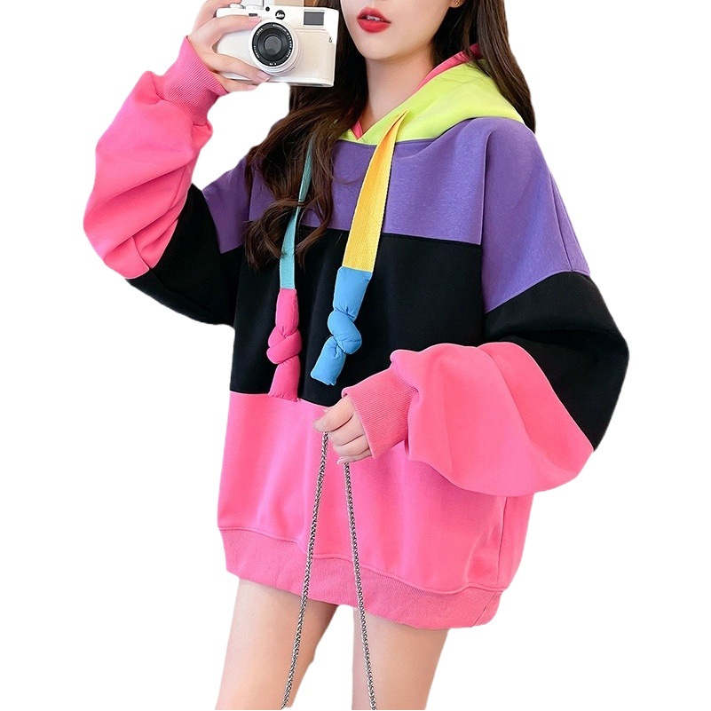 Cotton Contrast Color New 2025 Winter Cotton fleece-lined Sweatshirt Women's Silver Fox Velvet Hooded Top Fashion Women's Jacket