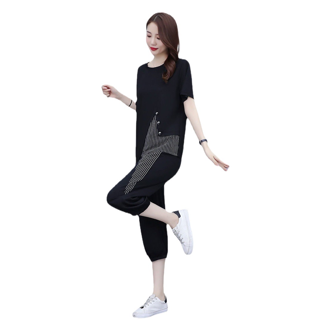 Trendy Casual Sports suit Women's Loose plus size Women's Slimming Summer New Short-sleeved Women's Capri Pants Two-piece Set