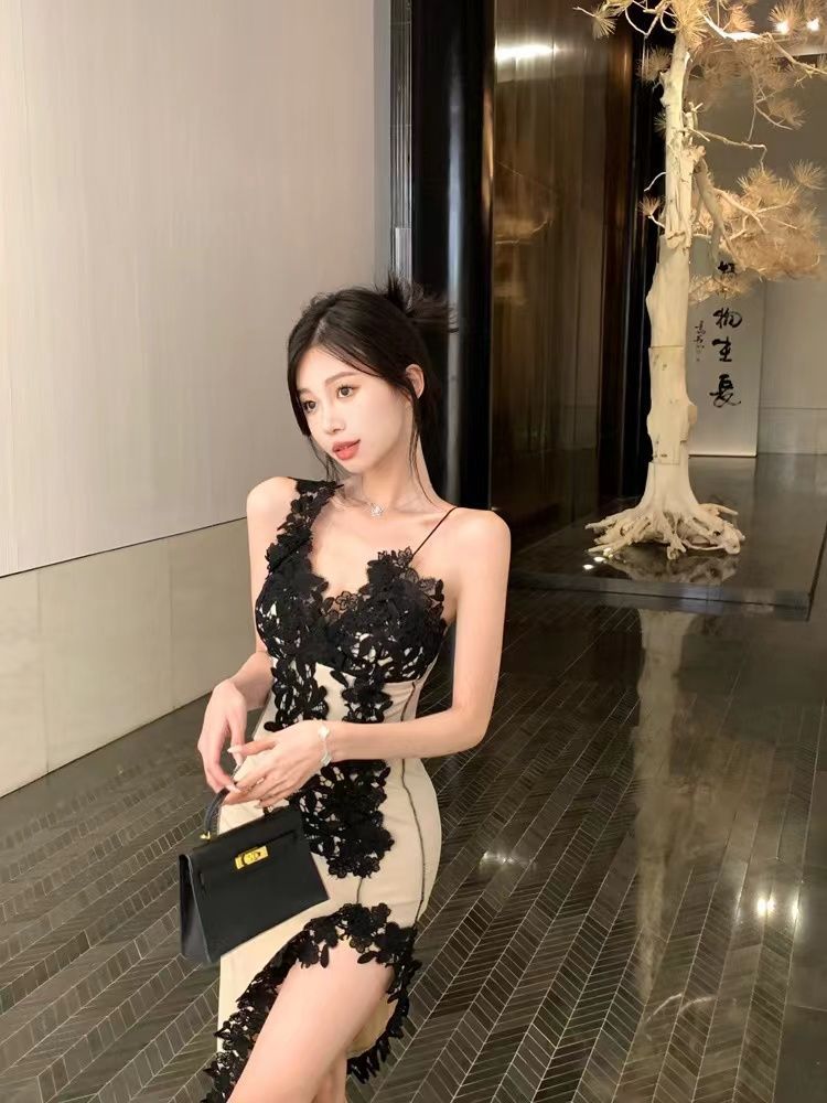 Lace Splicing Suspender Dress Women's Summer V-Neck Sexy Slit Long Skirt Asymmetrical Style Skirt