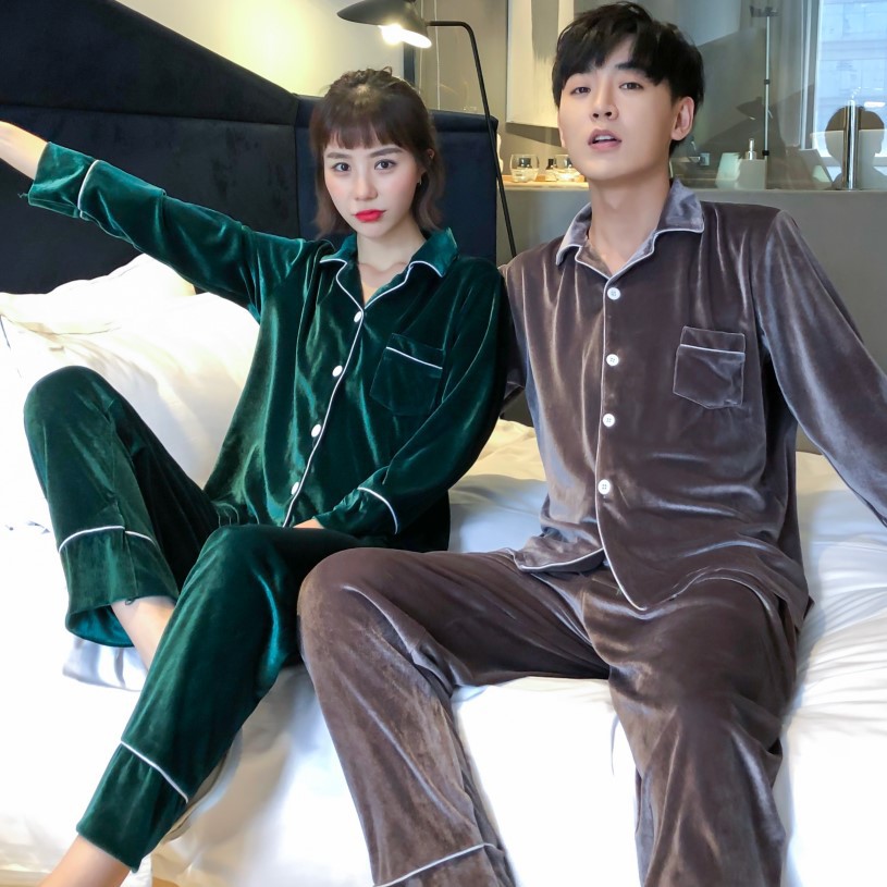 Korean Golden Velvet Couple Pajamas Women's Autumn and Winter New Suit Plus Large Size Wedding Long Sleeve Korean Style Home Clothes for Men