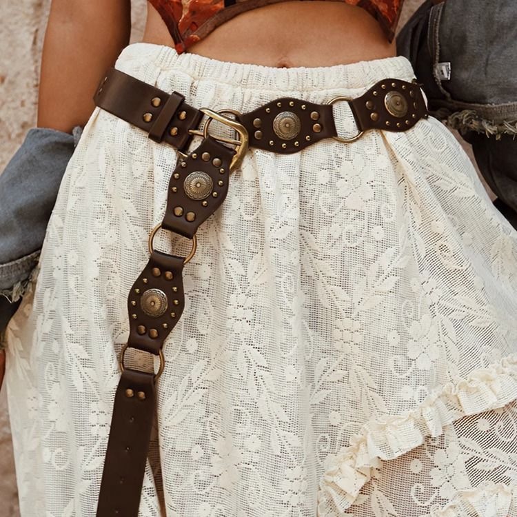 Western Denim American European and American Retro Belt New Rivet Brown Belt Jeans Korean Style Versatile Waist