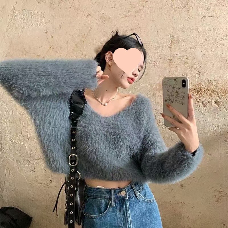 Lazy Style Soft Waxy Mink Velvet Short Knitwear for Women Autumn and Winter New Loose Off-Shoulder Inner Knitwear Long-Sleeved Top