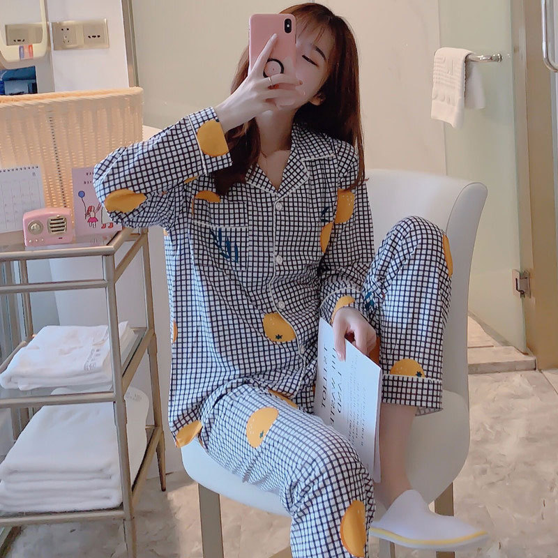 Pajamas Women's Japanese Style Fresh Plaid Cardigan Long-sleeved Trousers Students Casual Outwear Spring and Autumn Women's Home Clothes