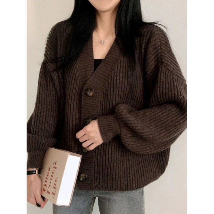 Picture of Early Autumn New Versatile Sweater Jacket for Women Loose Large Version Lazy Lantern Sleeve Warm Thick Knitted Cardigan Gray