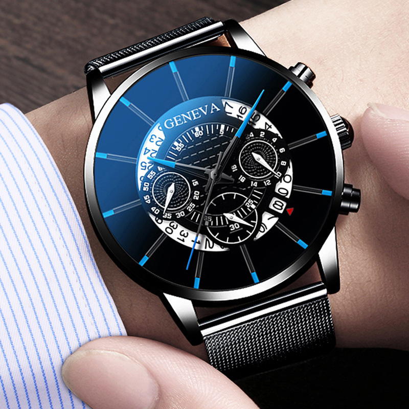 Imitation three-eye dial design stainless steel mesh strap watch men's casual quartz watch AliExpress