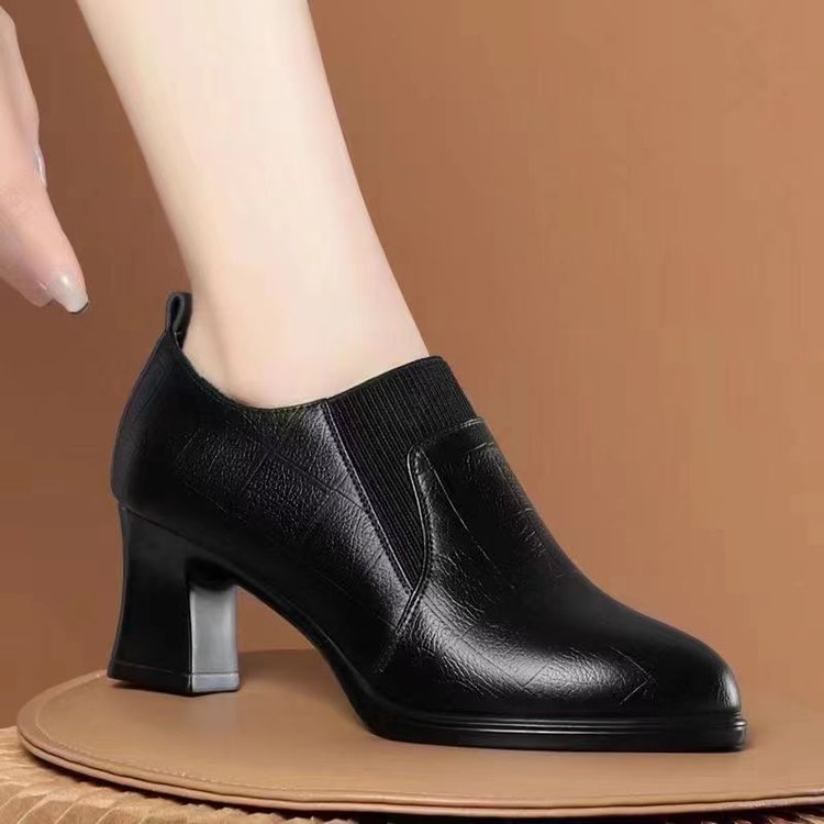 Elegant Chunky Heel Soft-Soled High-Heeled Women's Shoes, 2024 Spring New Style Deep-Cut Single Shoes, Elastic Band Single Shoes for Mothers