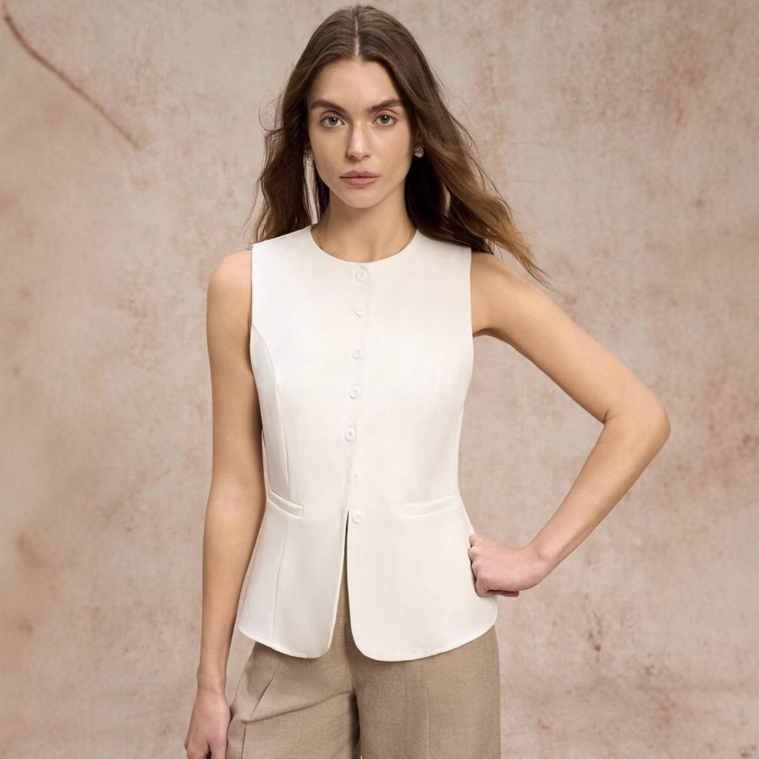 Picture of Summer European and American Women's Cross-border New Commuter Simple Fashion Button Solid Color Vest Casual Top Round Neck Vest