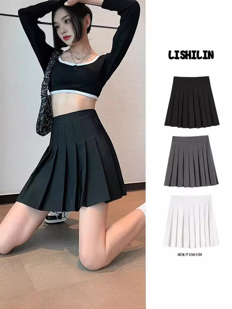 Grey Pleated Skirt Women's 2024 Summer New Fashion College Style A- Line Skirt High Waist Slimming Student Skirt